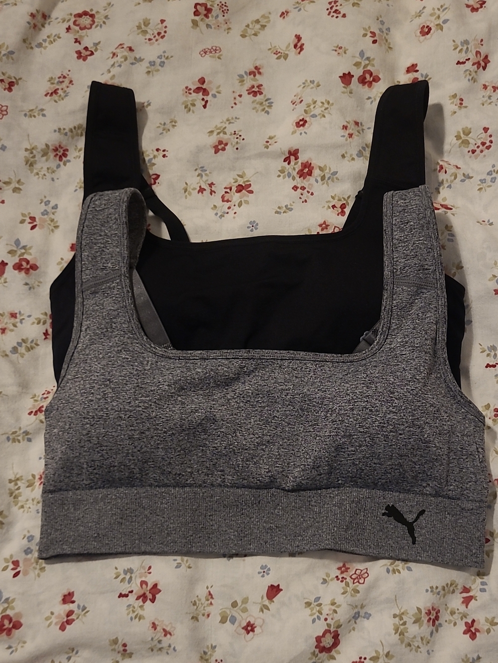 Puma Black & Grey Heather Sports Bras New with Wide Straps Size L